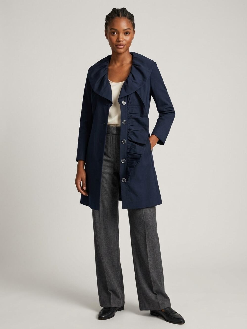 CAbi Pose Jacket Navy Blue Ruffle Trim Button 3/4 Sleeve A-Line Stretch Canvas L